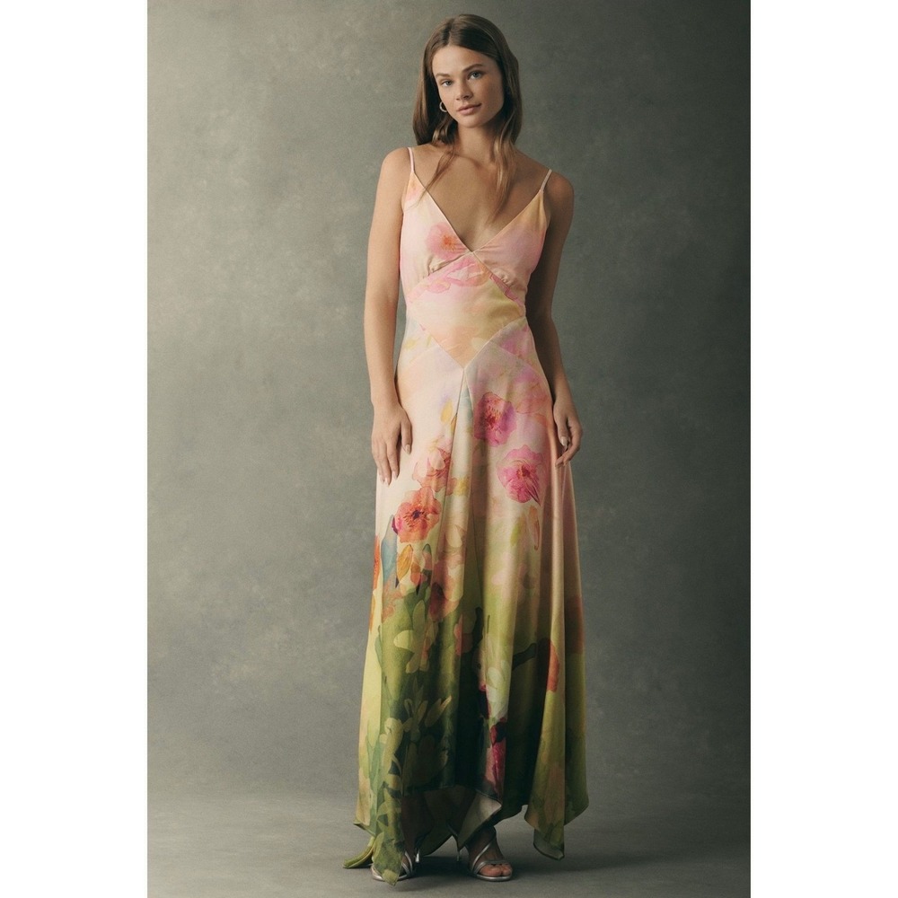 Anthropologie BHLDN V Neck Satin Maxi Dress Peach Watercolor Floral Medium Gown